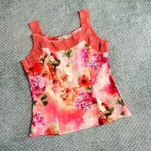 VINTAGE RETRO Y2K PINK/ORANGE PEACH FLORAL SILKY TANK TOP MINI WOMENS S LACY
